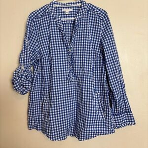 Banana Republic Women Cotton Blue Gingham V-Neck With Ruffle Trim Pullover TopXL